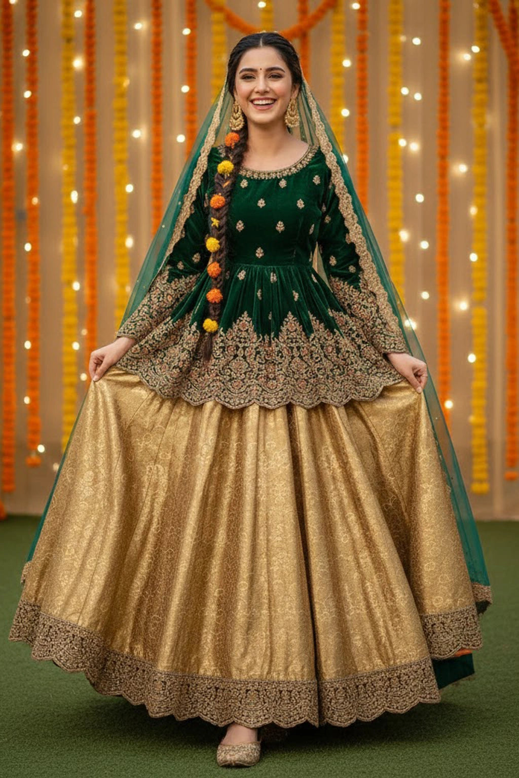 Emerald velvet festive ensemble featuring an embroidered short shirt, flowing lehenga, and sheer embroidered dupatta by Miraam.