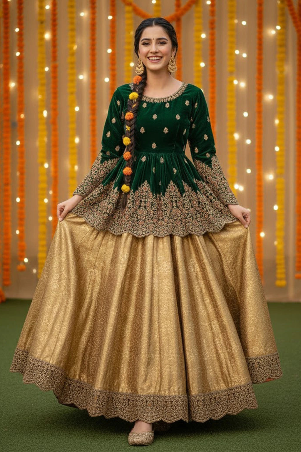 Emerald velvet festive ensemble featuring an embroidered short shirt, flowing lehenga, and sheer embroidered dupatta by Miraam.