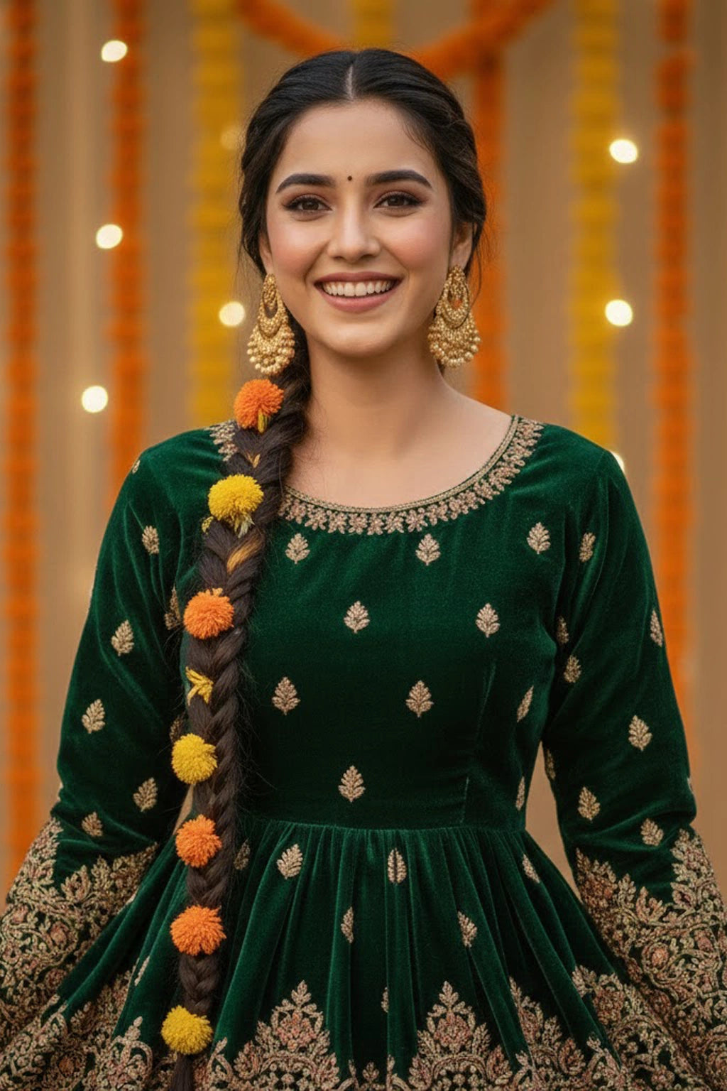 Emerald velvet festive ensemble featuring an embroidered short shirt, flowing lehenga, and sheer embroidered dupatta by Miraam.