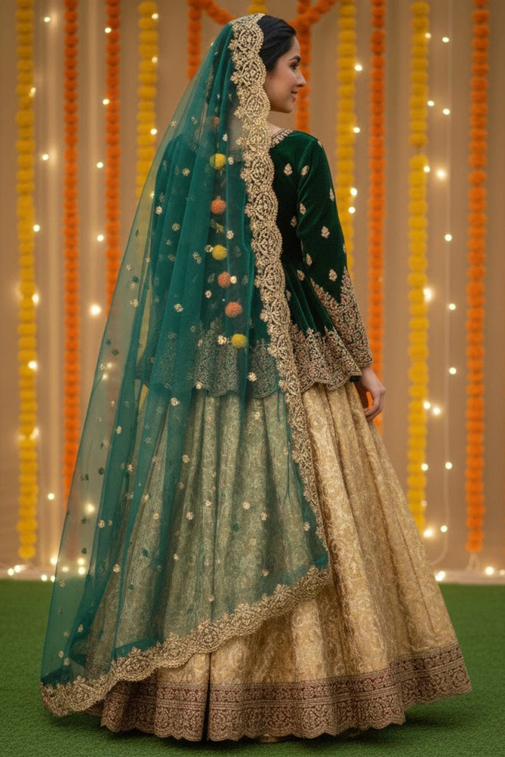 Emerald velvet festive ensemble featuring an embroidered short shirt, flowing lehenga, and sheer embroidered dupatta by Miraam.