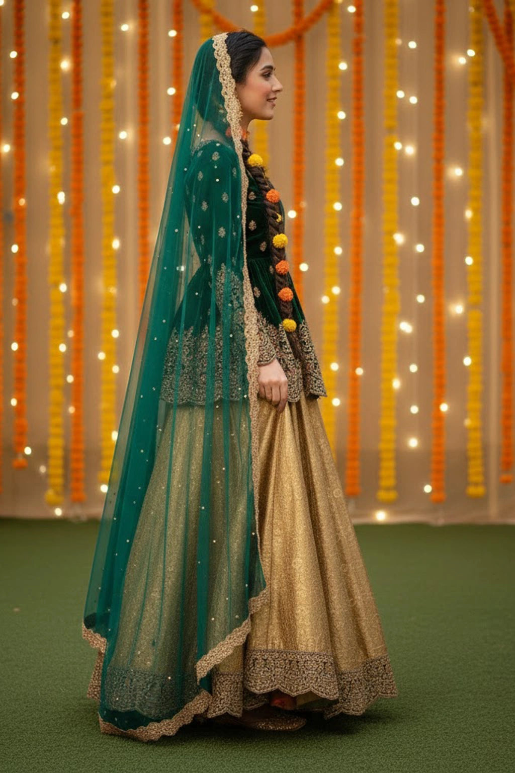 Emerald velvet festive ensemble featuring an embroidered short shirt, flowing lehenga, and sheer embroidered dupatta by Miraam.