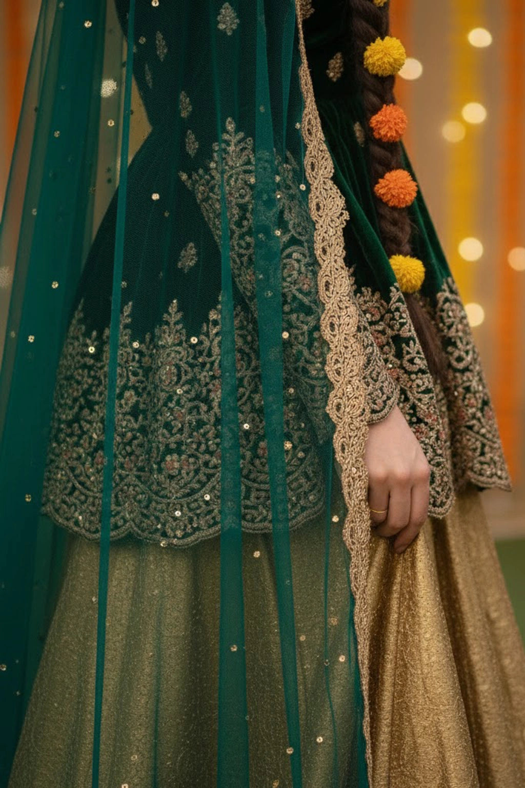 Emerald velvet festive ensemble featuring an embroidered short shirt, flowing lehenga, and sheer embroidered dupatta by Miraam.