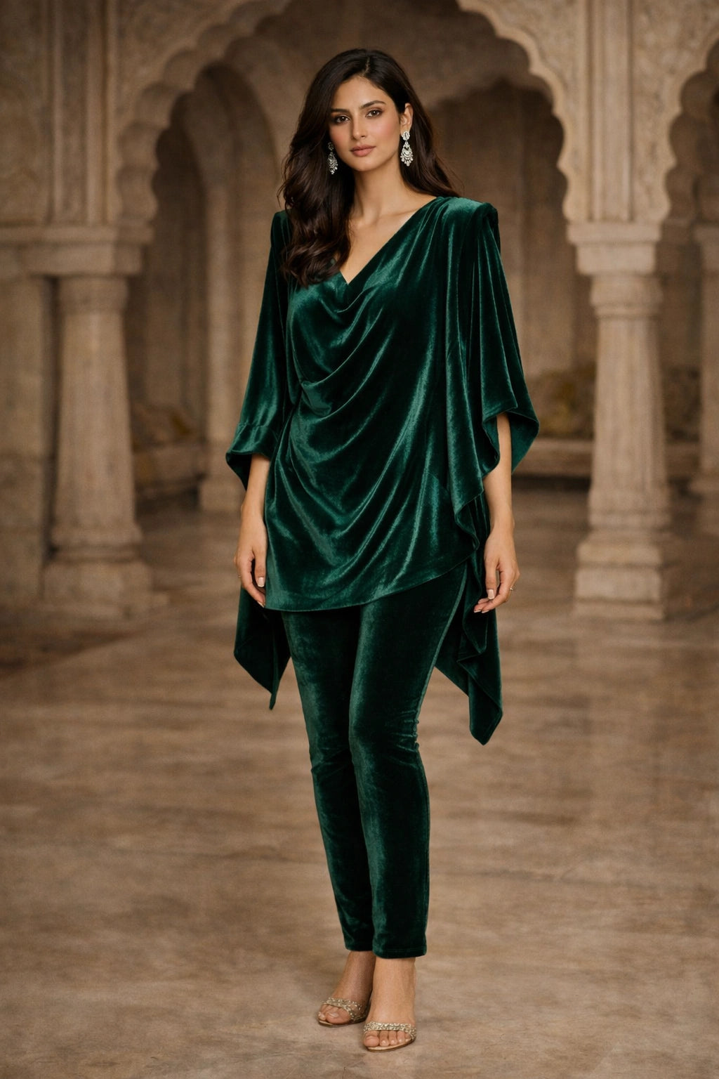 Emerald velvet draped formal ensemble with a modern silhouette, paired with tailored velvet trousers by Miraam.