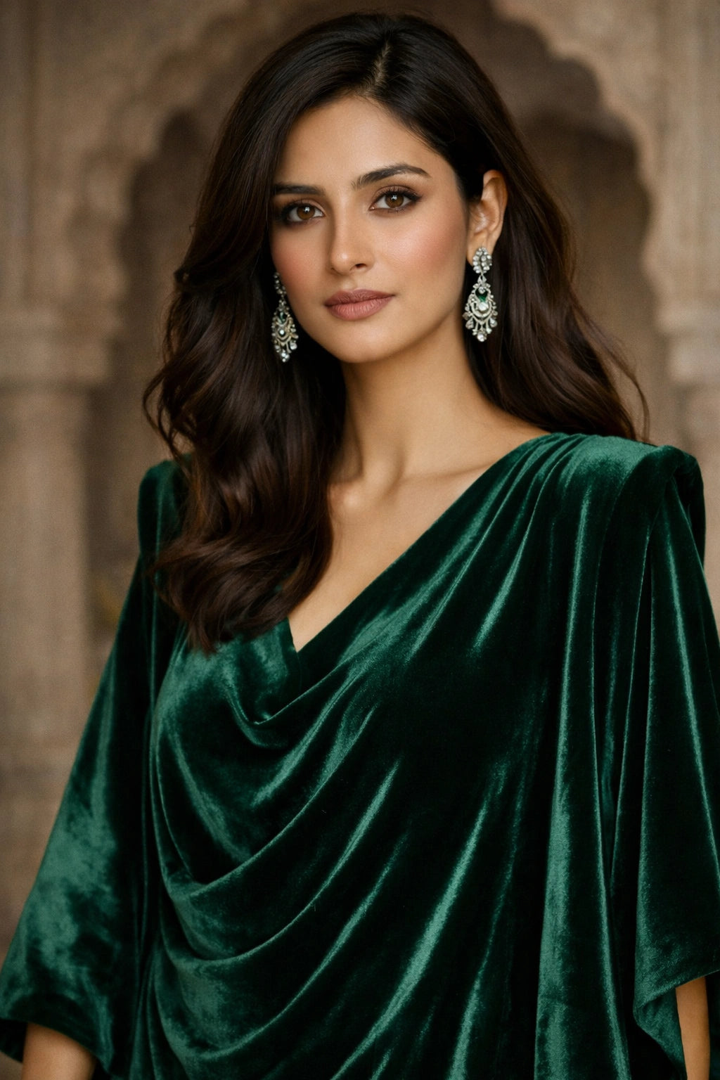 Emerald velvet draped formal ensemble with a modern silhouette, paired with tailored velvet trousers by Miraam.