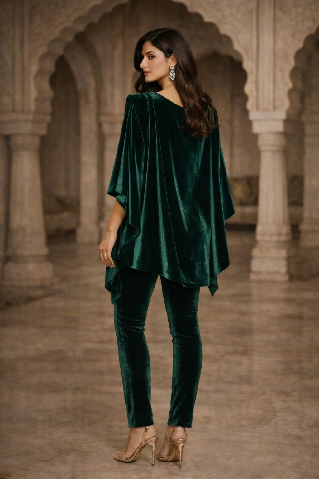 Emerald velvet draped formal ensemble with a modern silhouette, paired with tailored velvet trousers by Miraam.