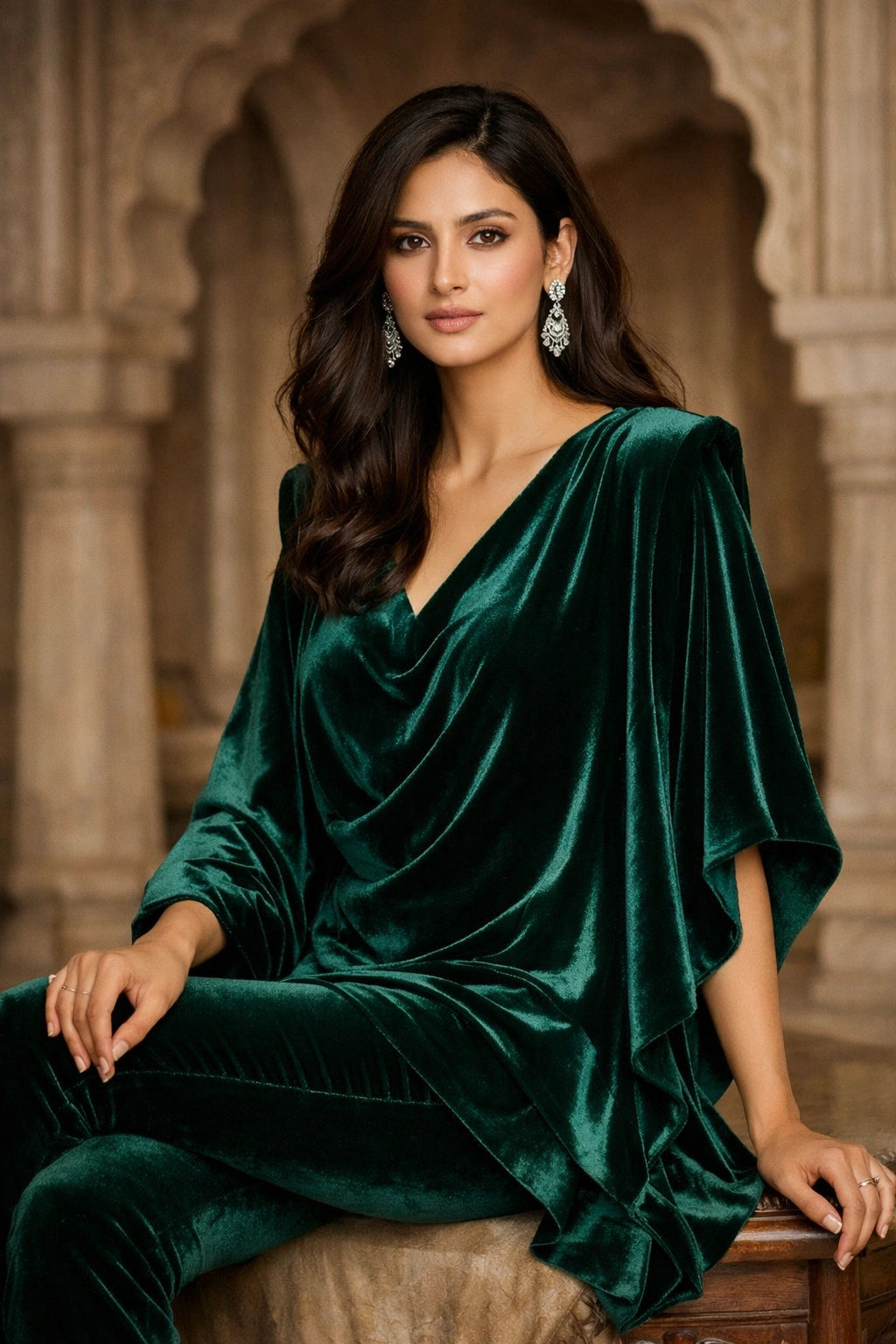 Emerald velvet draped formal ensemble with a modern silhouette, paired with tailored velvet trousers by Miraam.
