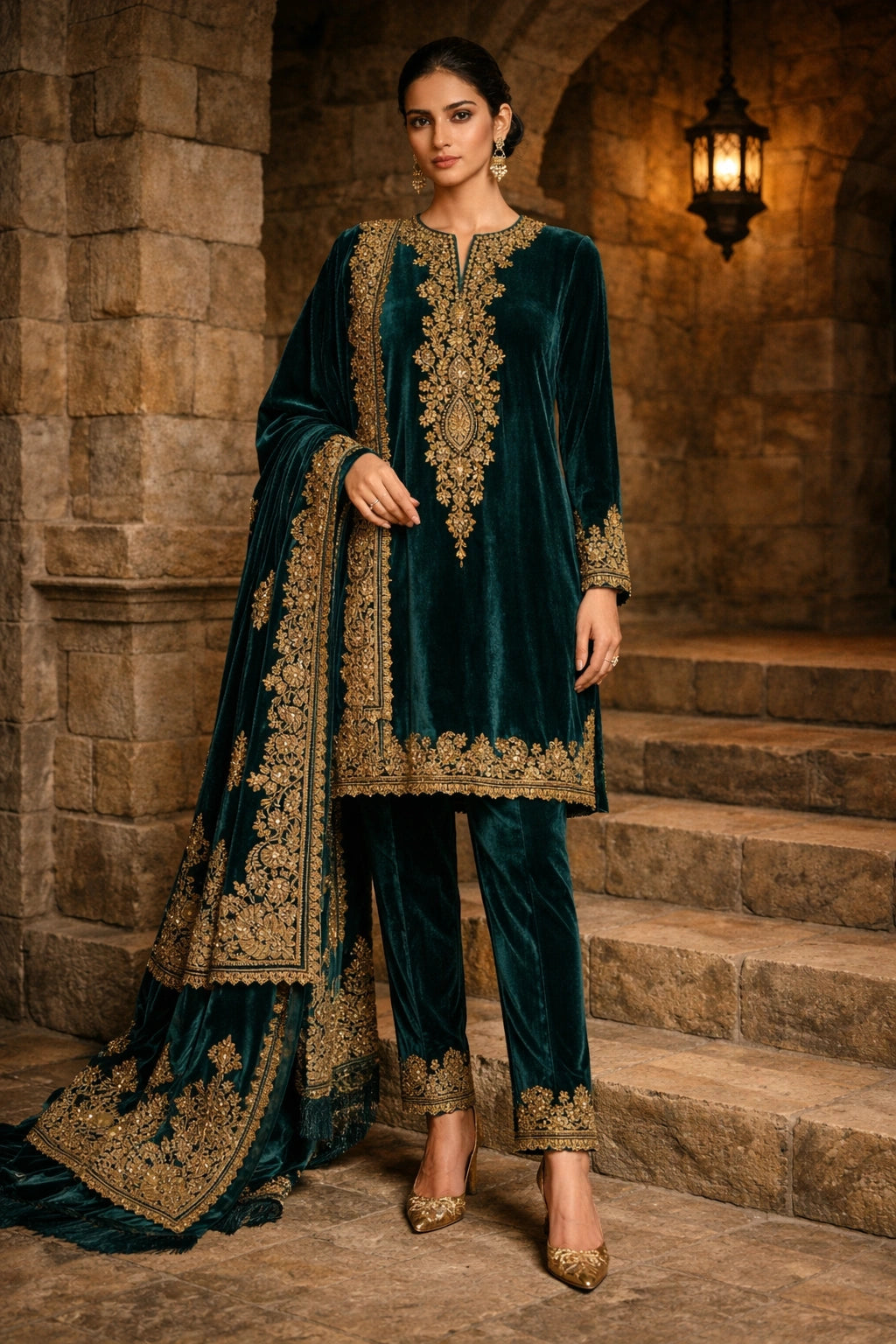 Emerald velvet formal ensemble featuring intricate embroidery, paired with tailored velvet trousers and an embroidered velvet dupatta by Miraam.
