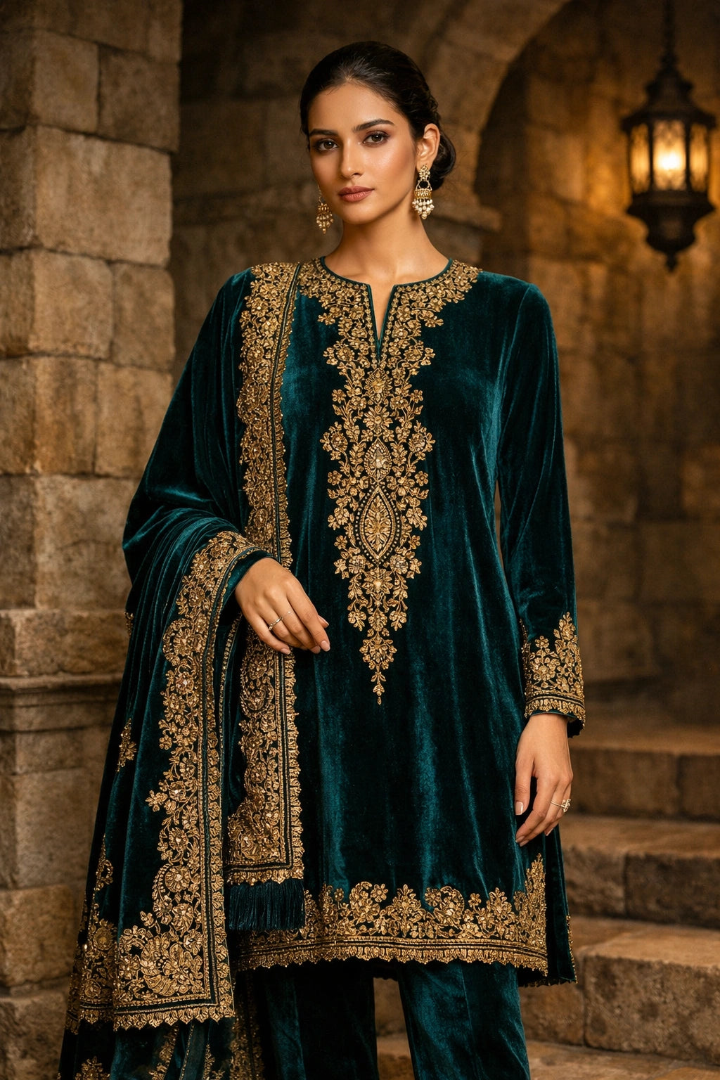 Emerald velvet formal ensemble featuring intricate embroidery, paired with tailored velvet trousers and an embroidered velvet dupatta by Miraam.