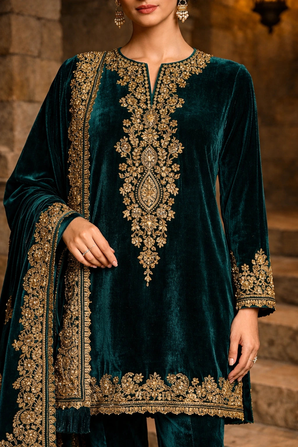 Emerald velvet formal ensemble featuring intricate embroidery, paired with tailored velvet trousers and an embroidered velvet dupatta by Miraam.