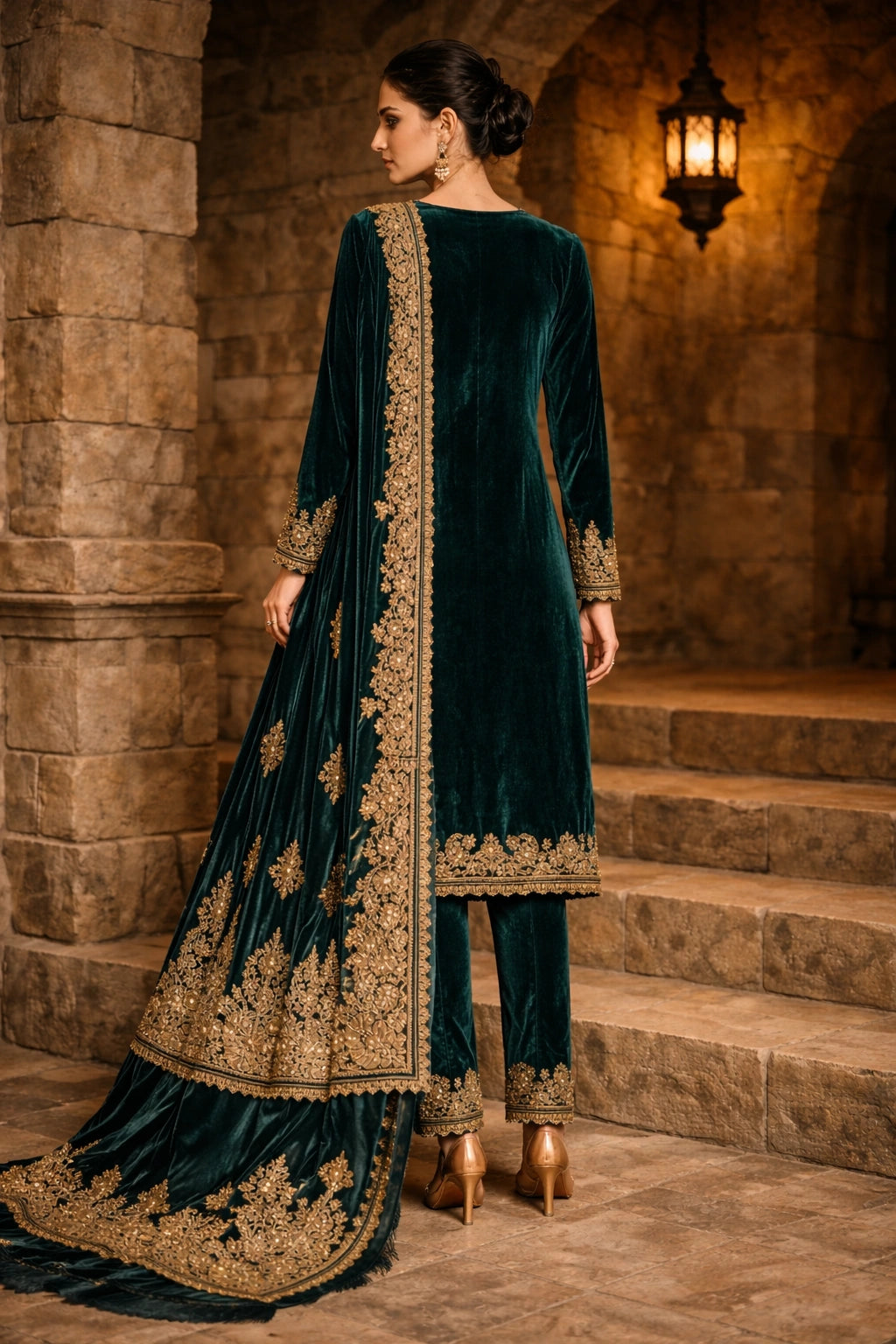 Emerald velvet formal ensemble featuring intricate embroidery, paired with tailored velvet trousers and an embroidered velvet dupatta by Miraam.