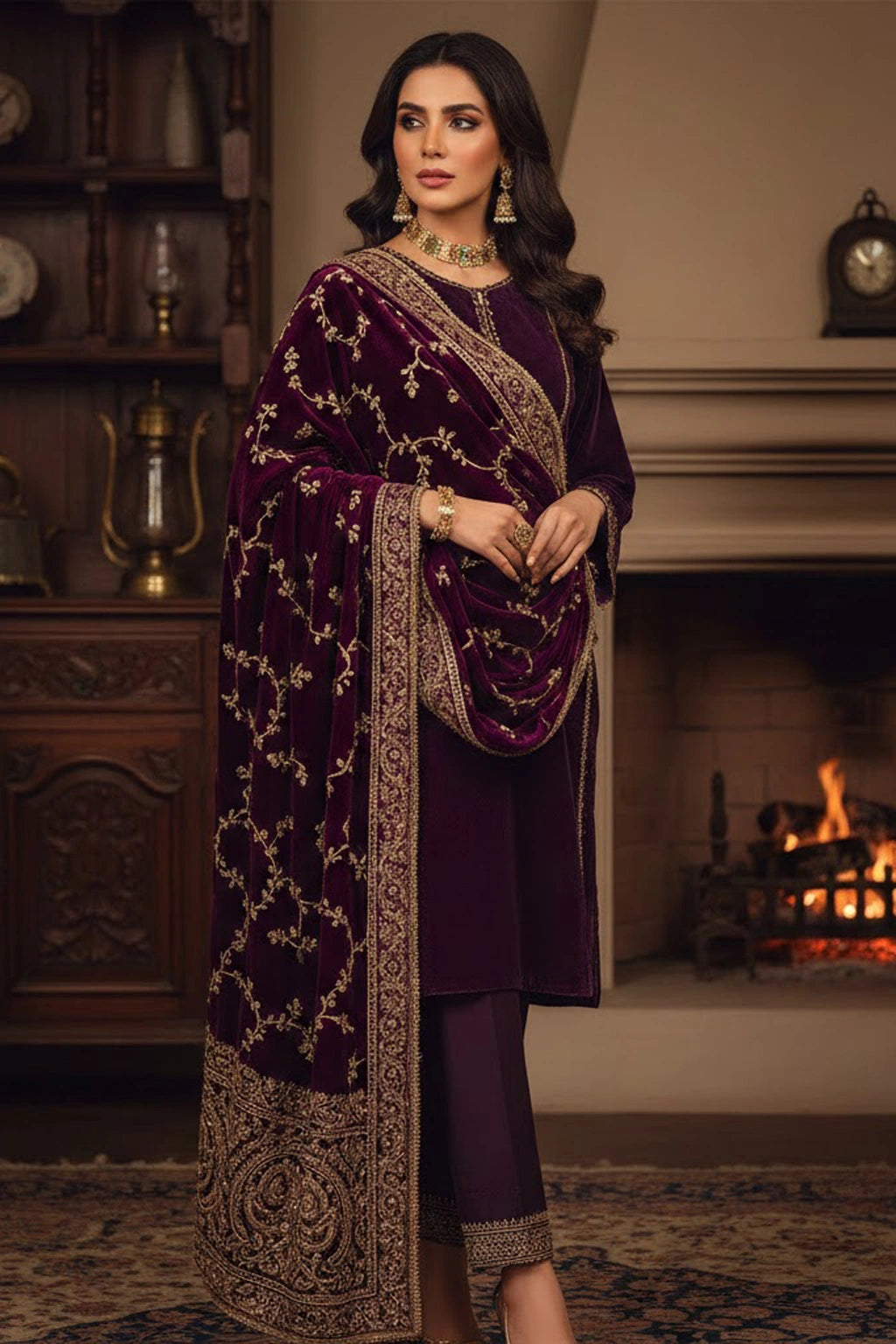 Plum velvet formal ensemble featuring delicate embroidered detailing and a richly embellished velvet dupatta by Miraam.