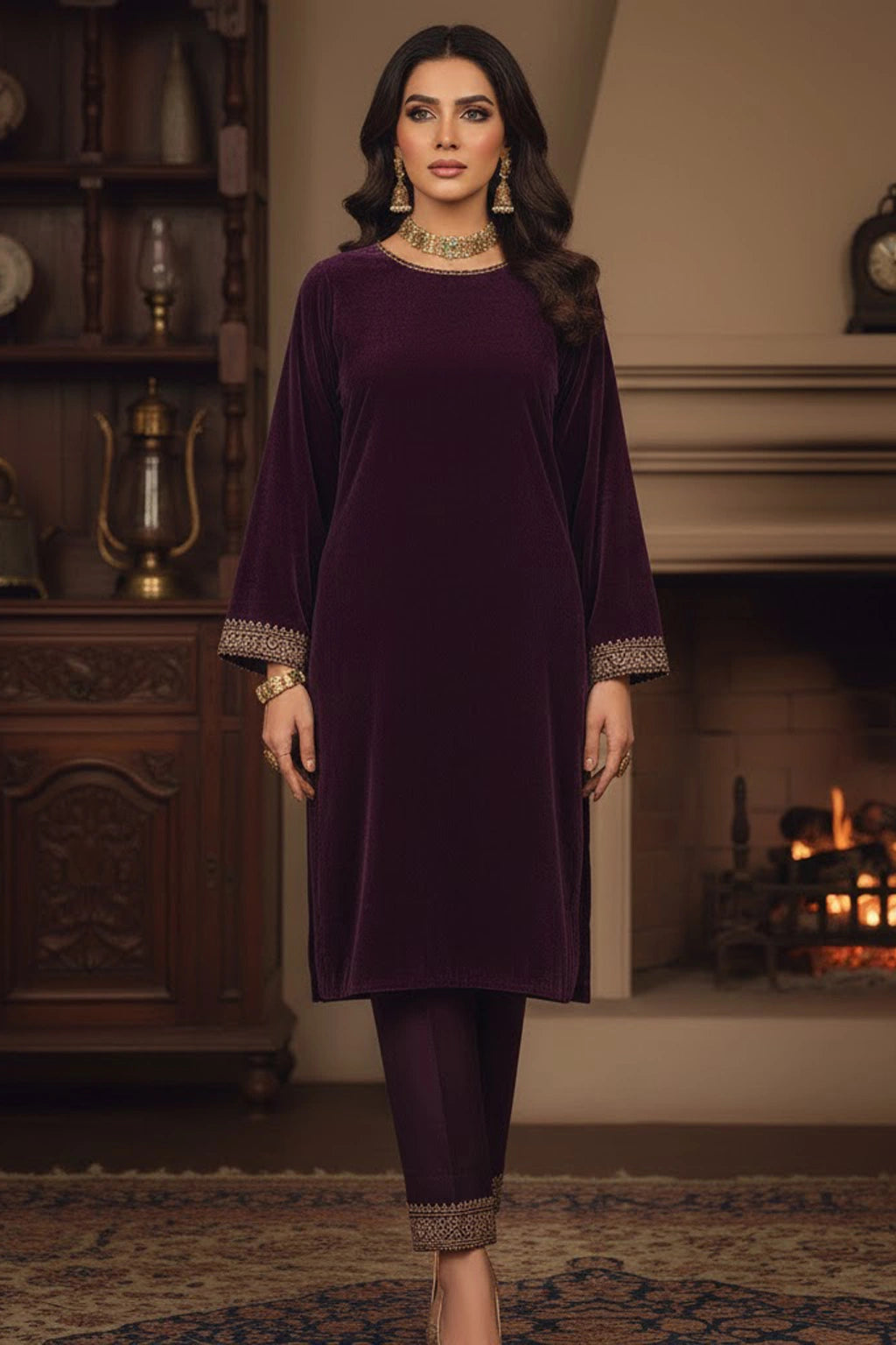 Plum velvet formal ensemble featuring delicate embroidered detailing and a richly embellished velvet dupatta by Miraam.