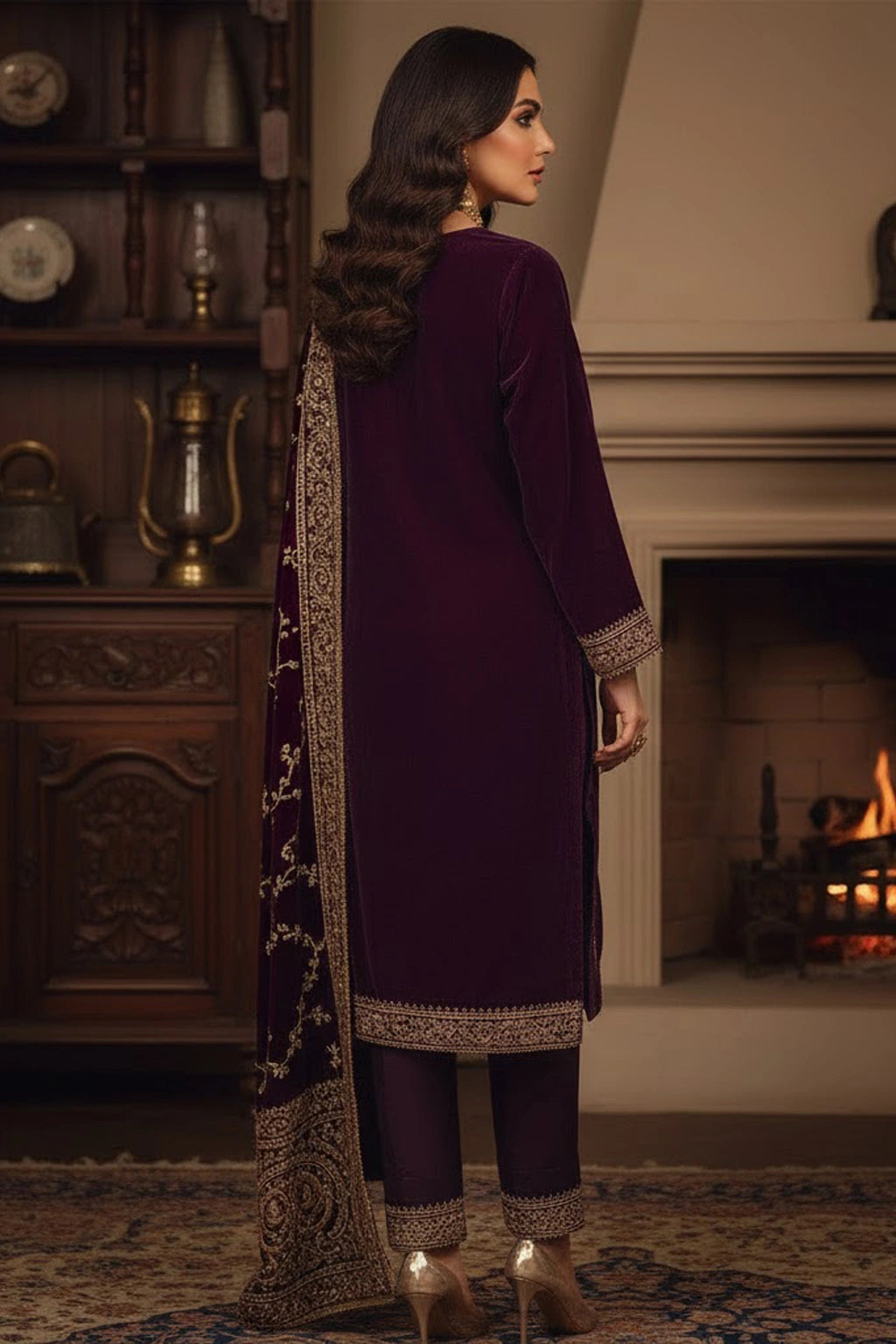 Plum velvet formal ensemble featuring delicate embroidered detailing and a richly embellished velvet dupatta by Miraam.