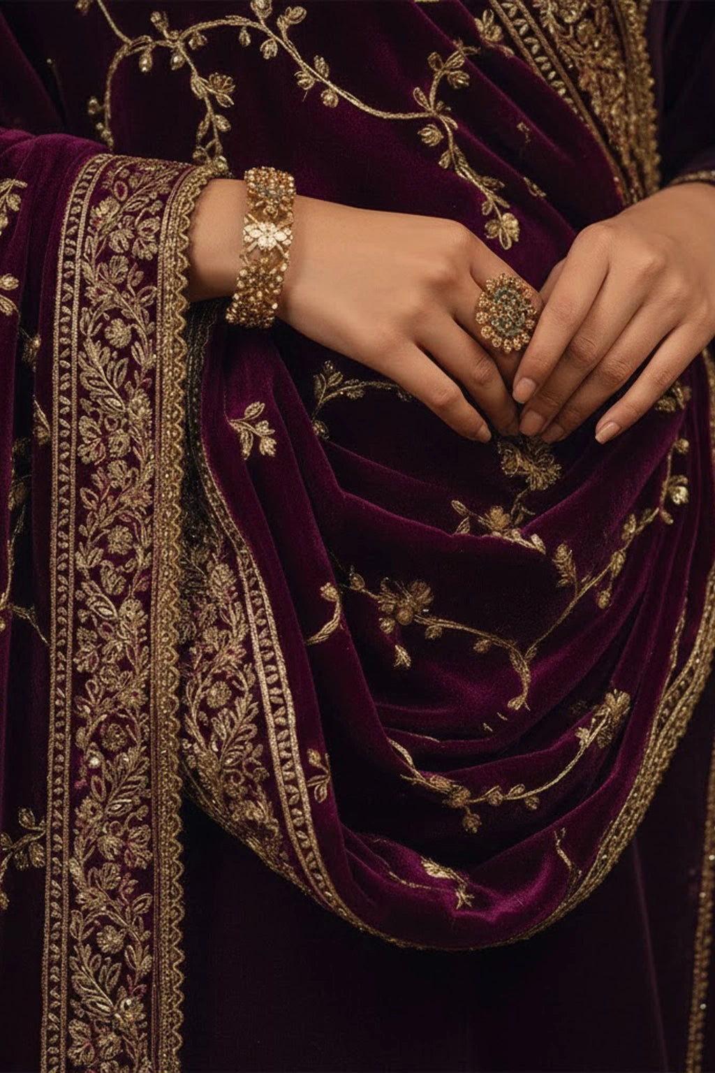 Plum velvet formal ensemble featuring delicate embroidered detailing and a richly embellished velvet dupatta by Miraam.