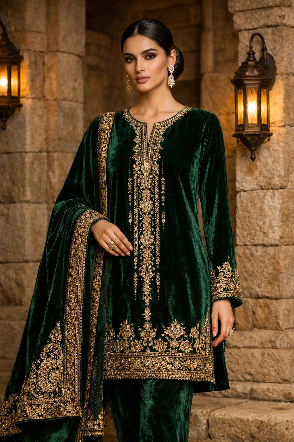 Emerald velvet formal ensemble featuring intricate hand embroidery, tailored velvet trousers, and an embroidered velvet dupatta by Miraam.