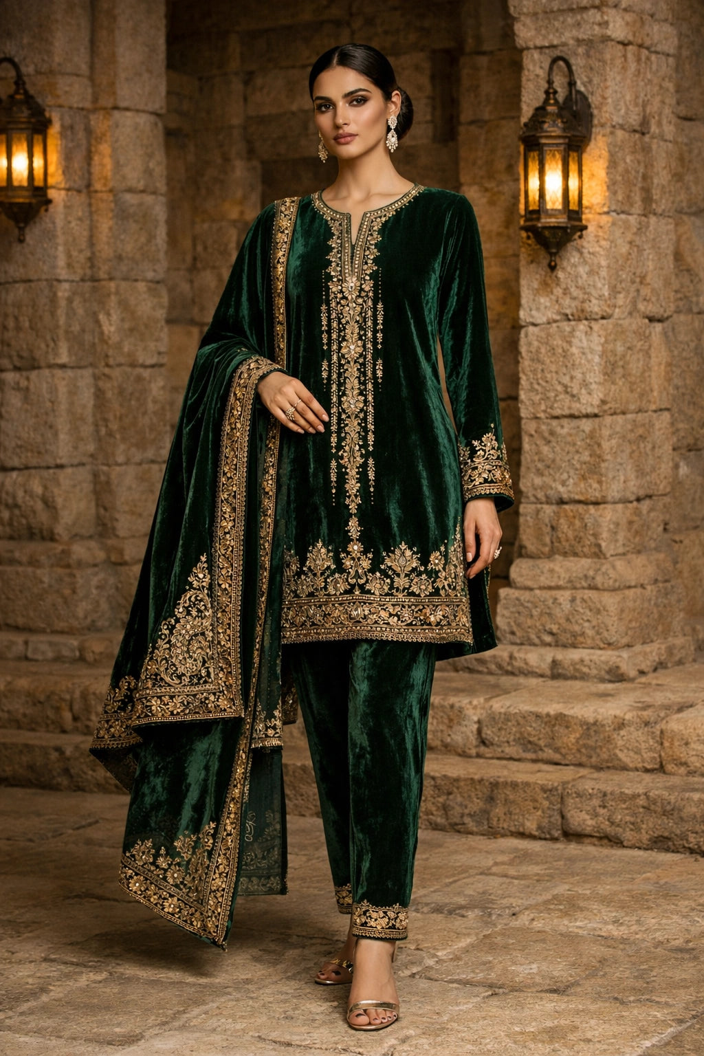 Emerald velvet formal ensemble featuring intricate hand embroidery, tailored velvet trousers, and an embroidered velvet dupatta by Miraam.