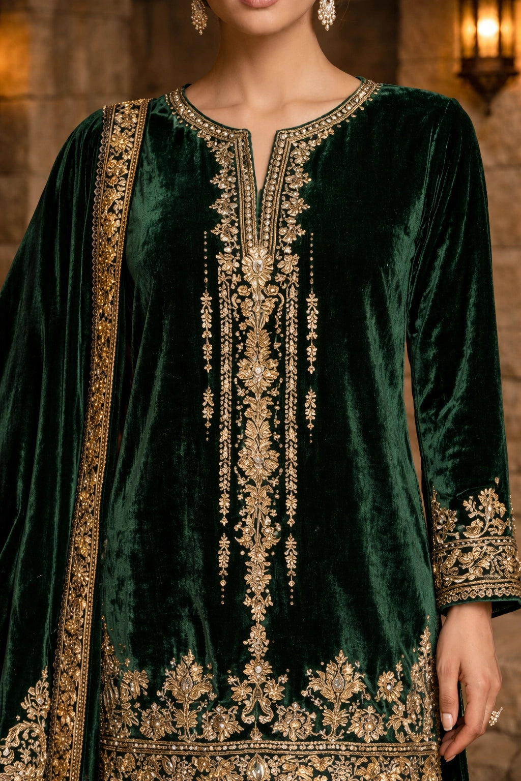 Emerald velvet formal ensemble featuring intricate hand embroidery, tailored velvet trousers, and an embroidered velvet dupatta by Miraam.